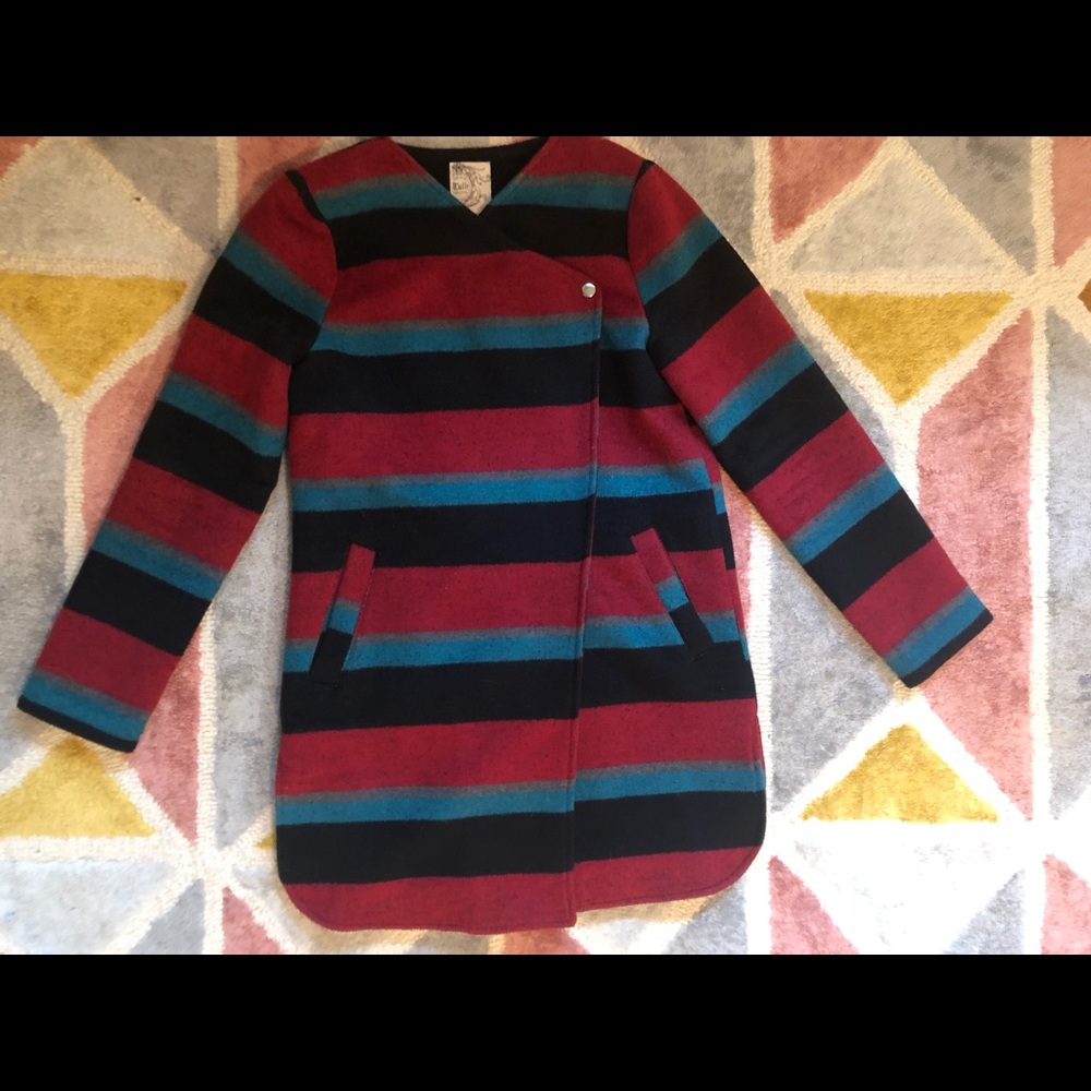 Red black blue grey stripe warm coat